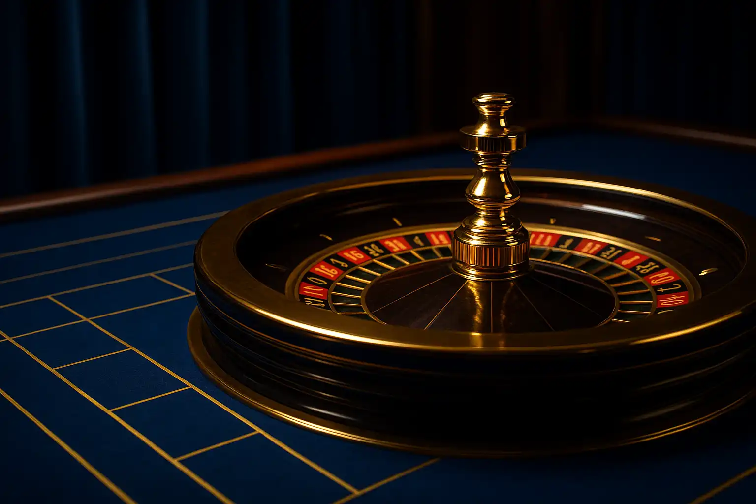 Elegant roulette table with gold wheel and sapphire felt at RaraWin