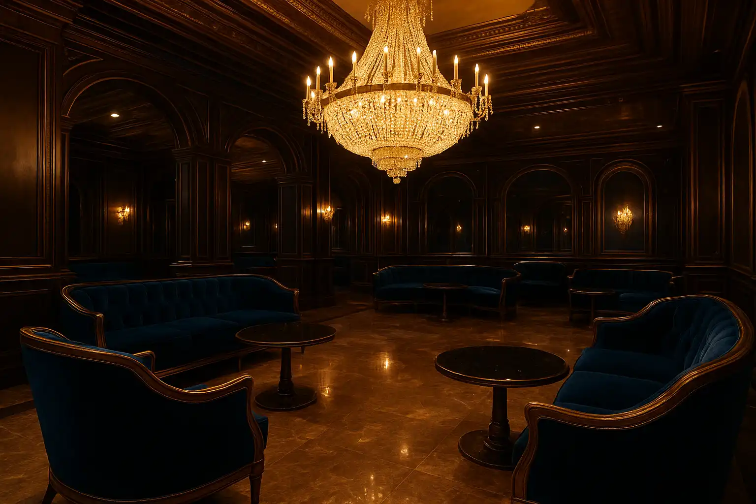Luxurious VIP lounge with sapphire and gold casino decor at RaraWin